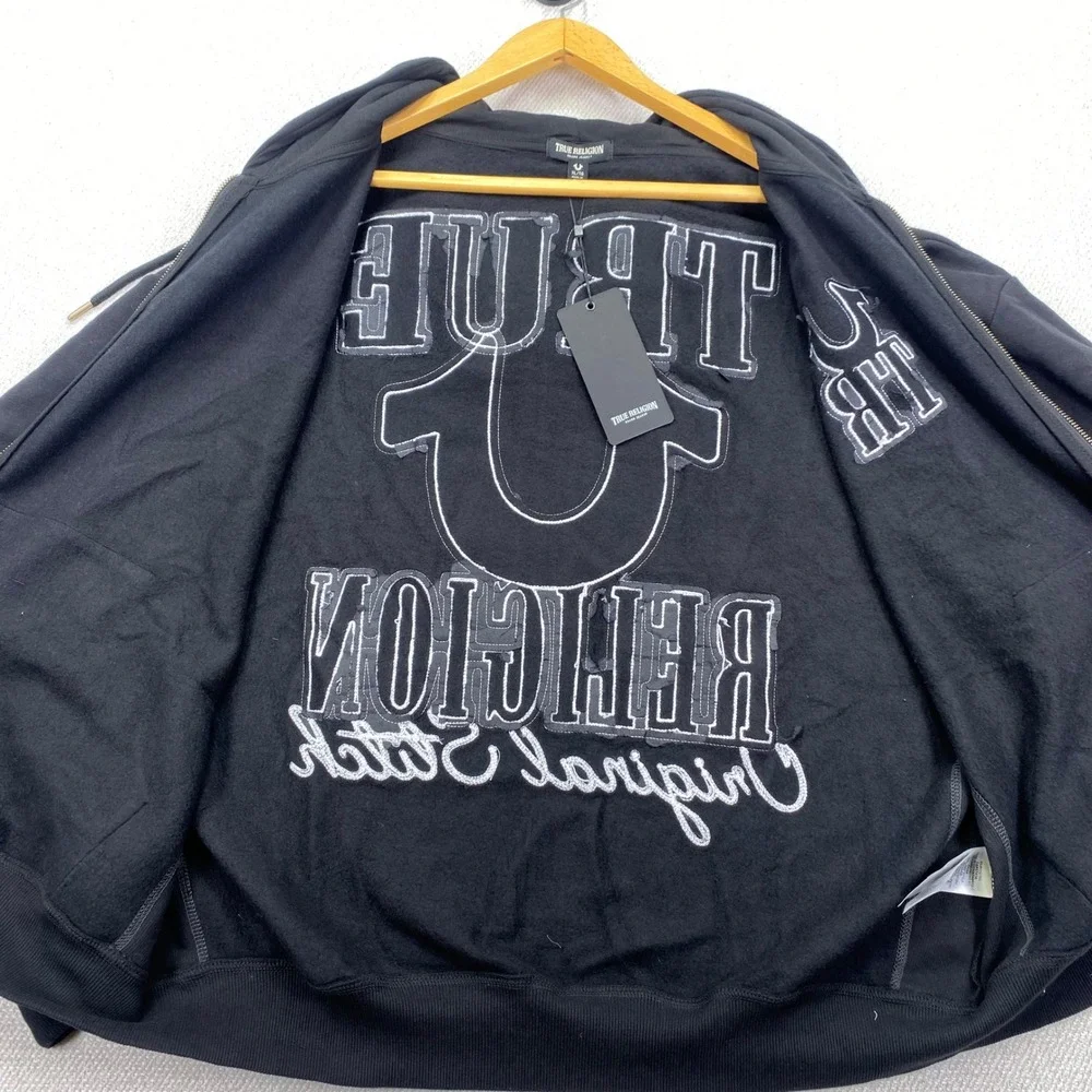 True Religion Rib Stitch Dept Boxy Zip Up Mens XL Jet Black Contrast Hoodie New